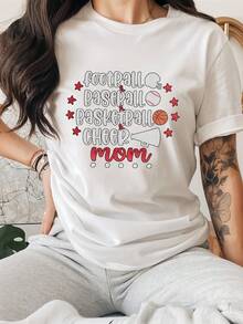OversizeCamiseta deportiva casual para mujer, de corte ajustado, con la impresión "Football Basketball Cheer Mom", cuello redondo y manga corta, adecuada para primavera y verano, linda. - Blanco - Ver 1
