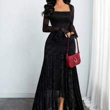 Women's Elegant French Romantic Sexy Square Neck Rose Lace Jacquard Vintage Double-Layer Ruffle Sleeve Asymmetrical Hem Dress, Suitable For Dates, Holidays And Daily Wear Spring - azul real - Ver 3