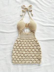 Vestido ajustado con escote en V, tirantes finos, calado y decoración de estrella de mar metálica.Ideal para vacaciones, citas, té de la tarde, festivales de música, estilo bohemio, vacaciones en la playa, verano con tirantes finos y atar en la espalda. - Albaricoque - Ver 8