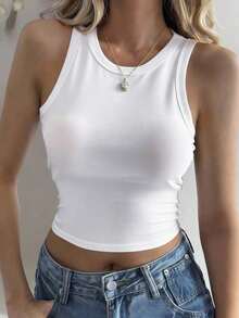 Camiseta de tirantes ajustada de unicolor para mujer, uso diario minimalista y casual - Blanco - Ver 5