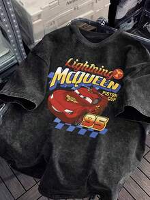 Disney Men's Summer Retro Washed Cotton T-Shirt With Round Neck And Short Sleeve "Disney" And "Cars", The Protagonist Of LightningMcQueen's Design, Round Neck Retro Cotton Washed To Make Old  Cotton Short Sleeve T-Shirt, Retro Fashion To Make Old T-Shirt, Disney Elements Street Style 2026 Spring And Summer Retro Fashion Fans Popular Style To Make Old Round Neck T-Shirt. - màu đen - Xem 1
