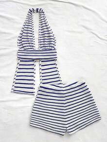 Conjunto de 2 piezas de top halter y shorts de moda para mujer de vacaciones - Azul y blanco - Ver 2
