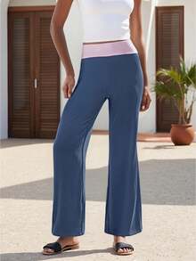 Womens Fold Over Yoga Pants Low Waist Contrast Color Wide Leg Flare Pants Sweatpants Fall Clothes - Blue - View 1