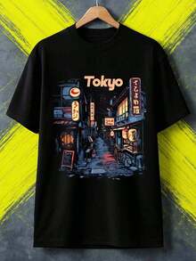 1 pieza de camiseta de manga corta con cuello redondo y corte holgado de 200 g, diseñada por artistas de la época Y2K con un estilo de inspiración vasca, hecha de 100% algodón. Disponible en versiones de manga corta para mujer y hombre, esta versátil prenda casual combina sin esfuerzo con ropa urbana, salidas diarias, campamentos, conciertos, eventos de hip-hop, rock y rap, y presenta estampados de celebridades. Ideal para festivales de música, el otoño y para usar durante todo el año. Luces de Neón del Callejón de Tokio, Letreros Japoneses, Escena Nocturna, Escena de Calle Nocturna de Tokio con Letreros de Neón - Blanco - Ver 7