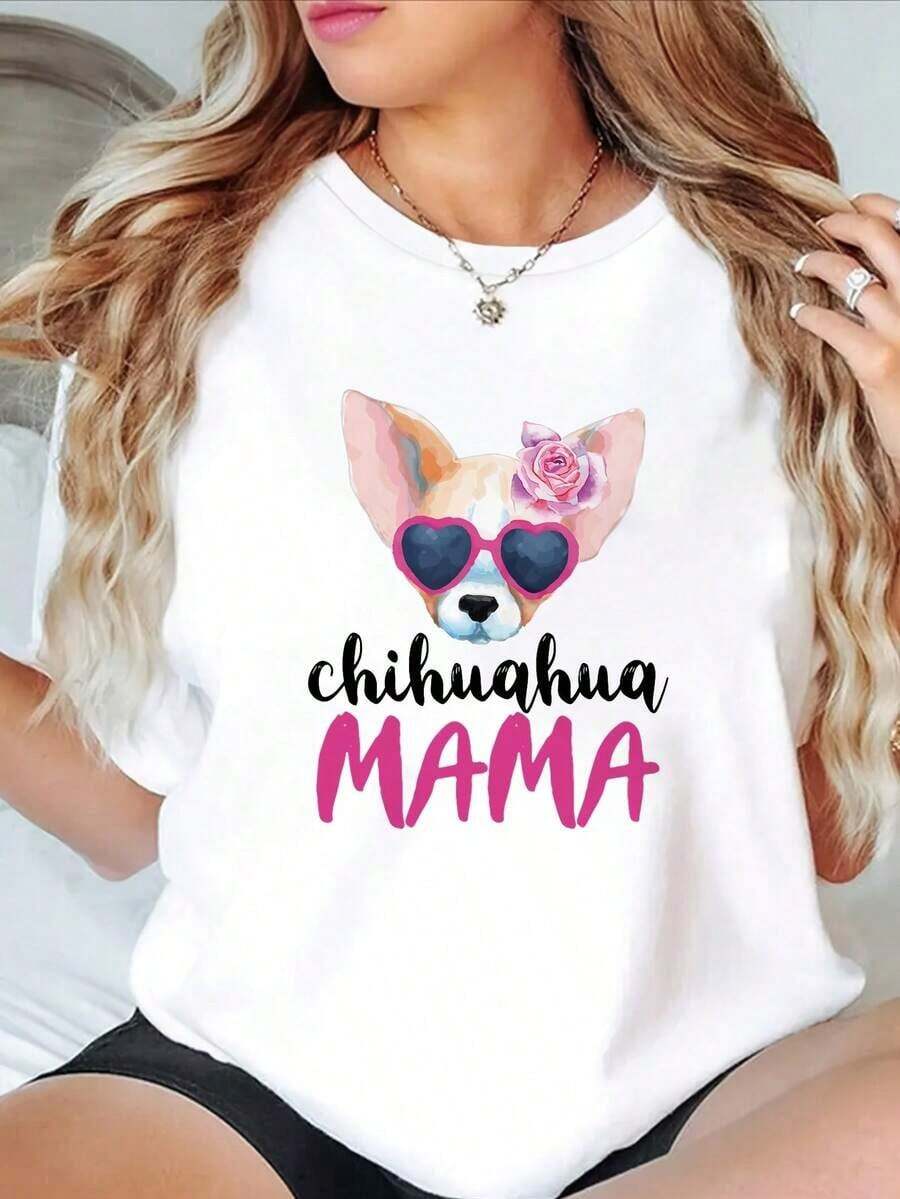 1 Piece Women's Graphic T-Shirt With Chihuahua Mama Design - Soft, Breathable, Short-Sleeved, Crew Neck, Casual Style With Pink Rose And  Glasses Design, Comfortable For Year-Round Wear. | Fun Design T-Shirt | Soft Fabric Shirt 180g 100% Cotton - 白色 - 查看 1