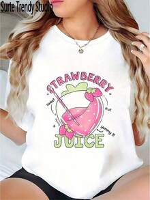 1 Piece New Women's T-Shirt 2026, Ladies T-Shirt With Strawberry Juice Design 100%. | Strawberry And Lemon Slice Print, Combined With The Fun Inscription "Strawberry Juice", Breathable, Loose Fit, Short Sleeve, Casual Summer T-Shirt, Suitable For Spring/Summer, Machine Washable - Cute Casual T-Shirts For Women, Summer Top (US Sizes), Fashionable Women's Clothing, 180g 100% Cotton. - 白色 - 查看 8