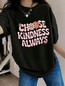 Las mujeres eligen la bondad siempre. Camiseta con estampado de margaritas, estilo casual, de manga corta, cuello redondo, con mensaje positivo, estampado floral boho de verano, suave, transpirable, de corte holgado, ideal para uso diario. Adecuado como regalo.playera de mujer.blusas>elegante.boho chic,Camiseta estampada de cuello redondo con diseño de dibujos animados. - Negro - Ver 6