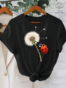 Camiseta de casa cómoda de manga corta con cuello redondo y estampado de insectos y diente de león para mujer, talla grande 100%. - Negro - Ver 6