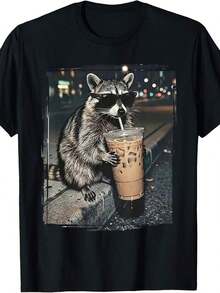 Camiseta Divertida de Mapache Bebiendo Café Helado - Camiseta Gráfica Retro Vintage con Meme, Adecuada para Hombres y Mujeres, Camiseta Casual de Cuello Redondo con Mapache, Lavable a Máquina para Uso Durante Todo el Año, Ropa con Diseño de Animal Humorístico para Fiestas y Atuendos Cotidianos - Negro - Ver 6