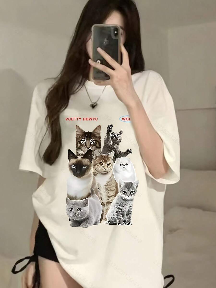 Camiseta de manga corta para mujer con diseño y estampado únicos, nuevo estilo de verano holgado para 2025, top favorecedor para - Negro - Ver 1