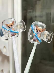 Cute Chihuahua Holding Blue Toothbrush Pattern Portable Toothbrush Holder Set, Includes Toothbrush Cover, Travel Toothbrush Case, Toothbrush Head Protector, Toothbrush Holder, Dust-Proof Toothbrush Protector, Suitable For Home And Travel Use, Travel Toothbrush Holder, Keeps Your Toothbrush Clean And Maintains Oral Health - A - View 1