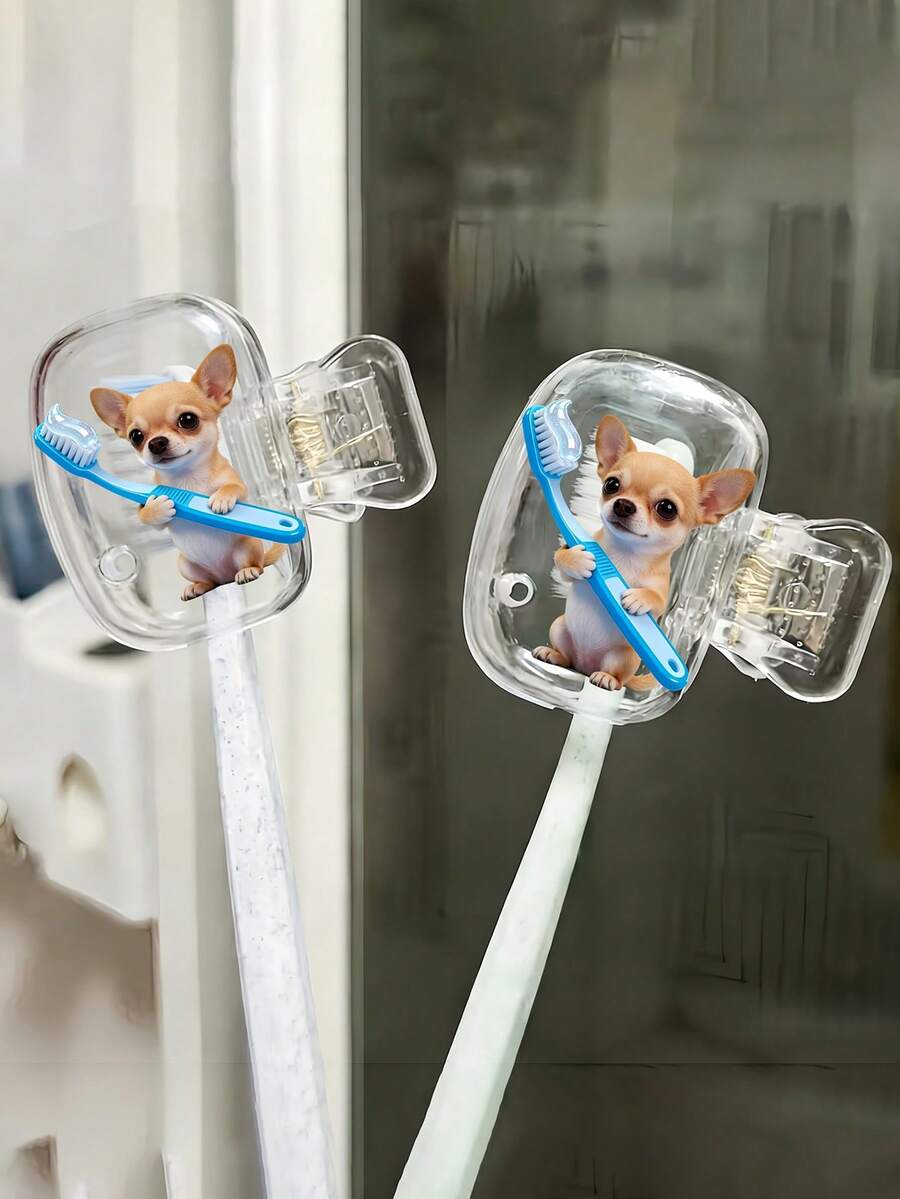 Cute Chihuahua Holding Blue Toothbrush Pattern Portable Toothbrush Holder Set, Includes Toothbrush Cover, Travel Toothbrush Case, Toothbrush Head Protector, Toothbrush Holder, Dust-Proof Toothbrush Protector, Suitable For Home And Travel Use, Travel Toothbrush Holder, Keeps Your Toothbrush Clean And Maintains Oral Health - A - View 1
