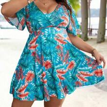 Swim Lushoire Summer Beach Plus Size Tropical Print Flounce Sleeve Swim Dress - Negro - Ver 4