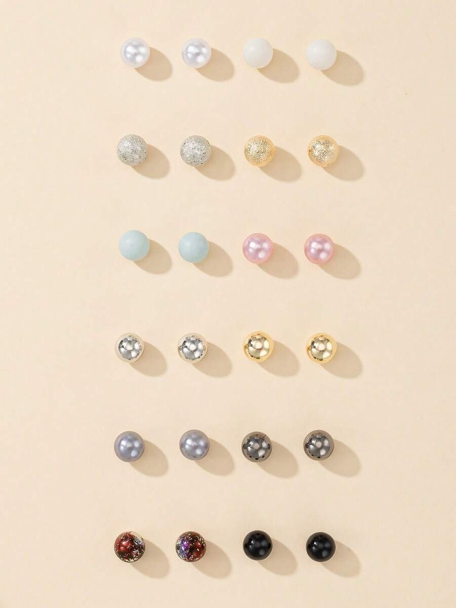 12 Pairs Assorted Cute Minimalist Round Resin Ball Stud Earrings Set, Suitable For Daily Casual Wear And Holiday Gifts - Multicolor - View 1