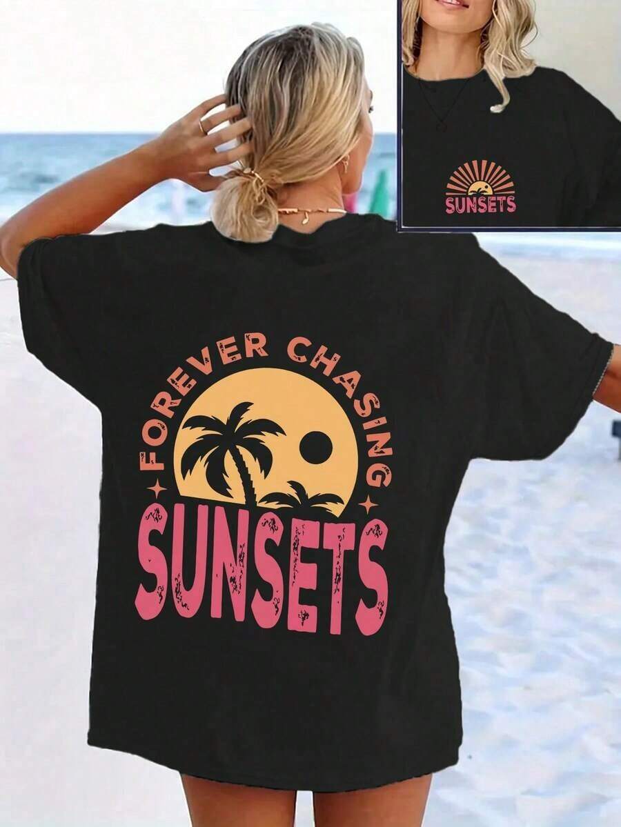 1 Piece Of Women's Short-Sleeve T-Shirt With A Double-Sided (Front And Back) Sunset Print - Soft And Breathable Crew Neck Blouse - Compatible Top. | Machine Washable Summer Casual Sets, Suitable For Spring, Beachwear, Outdoor Activities, And Casual Wear. 180g Summer T-Shirts, Women's Graphic Tees, Women's Beach Sets. Crew Neck, 100% Cotton, Soft Fabric, Short Sleeves. - 黑色 - 查看 1