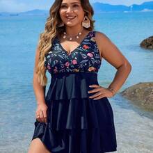 Swim Lushore Plus Size Floral Print Patchwork Tankini Swimwear Set For Summer Beach Vacation - Multicolor - Ver 7