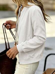 Women's Solid Color Baseball Jacket With Pockets, Casual Lightweight Jacket For Spring/Summer White - White - View 3