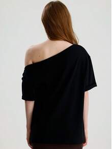 RoseArya Cotton Boat Neck Buckle Detail T-Shirt - Black - View 4