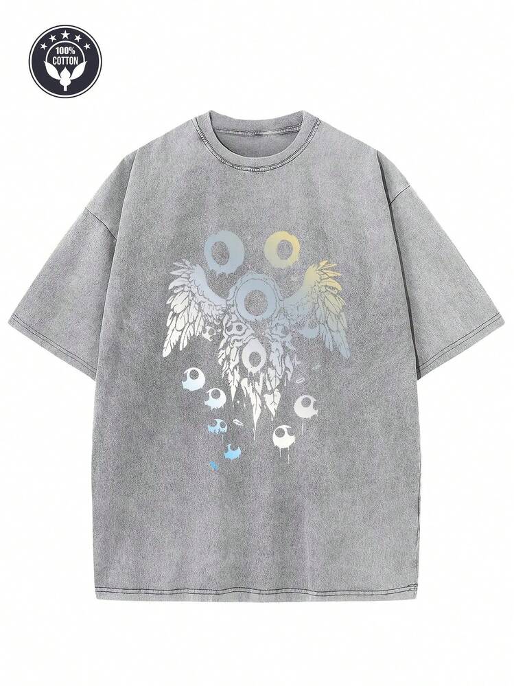 Vintage-Inspired Design With A "Weirdcore Style Eye" On A 250gsm Washed Tee. This Dropped-Shoulder Style Is Perfect For Men, Offering A Relaxed Fit Ideal For Streetwear, Hip Hop, And Unisex Fashion. - 淺灰色 - 查看 1