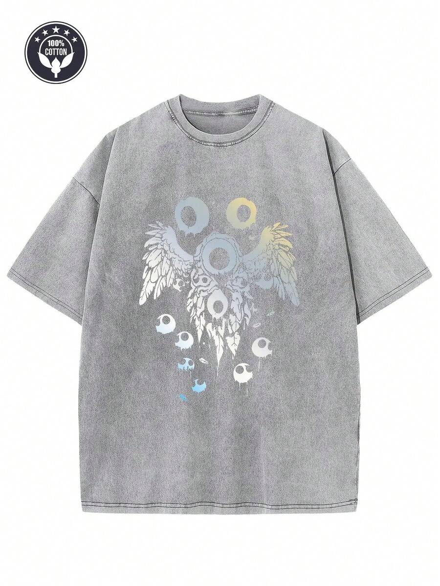Diseño de inspiración vintage con un "ojo de estilo Weirdcore" en una camiseta lavada de 250 gramos.Este estilo de hombros caídos es perfecto para hombres, ofreciendo un ajuste relajado ideal para ropa urbana, hip hop y moda unisex. - Gris Claro - Ver 1