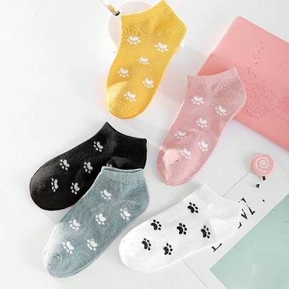 5 đôi tất cổ ngắn in hình dấu chân cún con dễ thương dành cho nữ, tất cổ thấp thoải mái, thoáng khí, đa năng, thích hợp cho hoạt động ngoài trời và sinh viên.