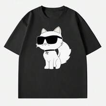 Camiseta Unisex para Parejas con Estampado de Gato, Cuello Redondo, Manga Corta, Diseño Casual, Ideal para Verano - Negro - Ver 9