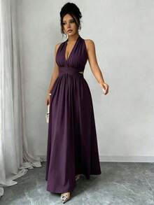 Elegante vestido sin mangas con cuello en V, diseño hueco en la cintura y pliegues, color morado, nueva llegada de primavera/verano - Ciruela intensa - Ver 5
