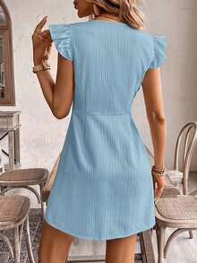 Vestido casual de vacaciones para mujer con mangas de volantes y botones delanteros de unicolor, vestidos de verano para mujer, vestido de té de vacaciones - Azul 2 - Ver 2