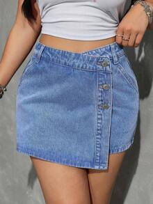 Envoltorio de falda pantalón denim con dobladillo asimétrico de unicolor - Lavado ligero 2 - Ver 1