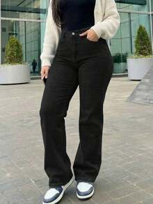 Jeans rectos de pierna ancha y estilo vintage para mujer, casuales para primavera - Negro - Ver 4
