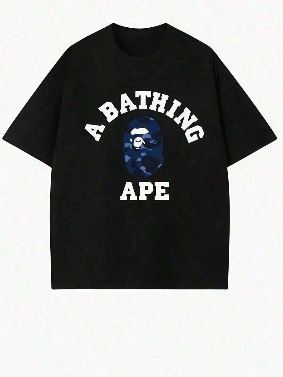 Summer Bestsellers[Sporty T-Shirt]APE Anime Pattern T-Shirt Men's 100% Cotton Casual Versatile Comfortable Breathable Short SleevesRelaxed Plus Size T-Shirtsupple - 黑色 - 查看 1