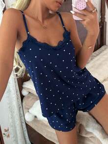 Conjunto de pijama para mujer, de tela de canalé, con estampado de corazones y aplicaciones de encaje, romántico, dulce, lindo y sexy, con camiseta y shorts - Azul marino 2 - Ver 7