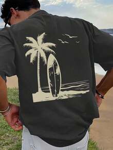 1 pieza Camiseta de hombre con estampado gráfico, ropa de playa de verano, camiseta de manga corta de corte holgado. Esta camiseta de hombre tiene un diseño casual y de estilo vacacional, muy adecuada para escapadas a la playa, así como para uso diario. - Gris Oscuro - Ver 7