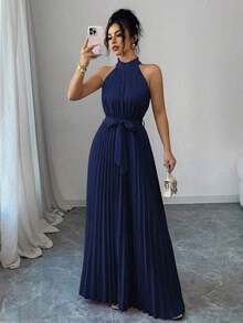 Vestido de línea A con cuello con volantes y cintura plisada, elegante y romántico para el Día de San Valentín - Azul marino - Ver 6