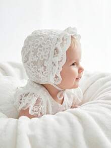 1 pièce Chapeau de bébé style palais vintage brodé, 0-3M, 3-10M (Beige/Blanc) - Petite fleur - Voir 4