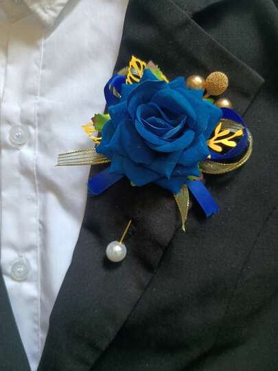 1pc Unisex Navy Blue Rose Flower Brooch With Gold Tone Metal Alloy, Wedding Groom Bride Lapel Pin, Suitable For Wedding, Party, Banquet And Daily Accessories