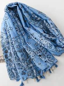 Khăn choàng in họa tiết Paisley cổ điển, màu xanh muối biển, họa tiết hoa điều hình học, khăn choàng điều hòa không khí, khăn voan chống nắng khi đi du lịch, chất liệu polyester họa tiết Paisley. - Màu xanh lam - Xem 4