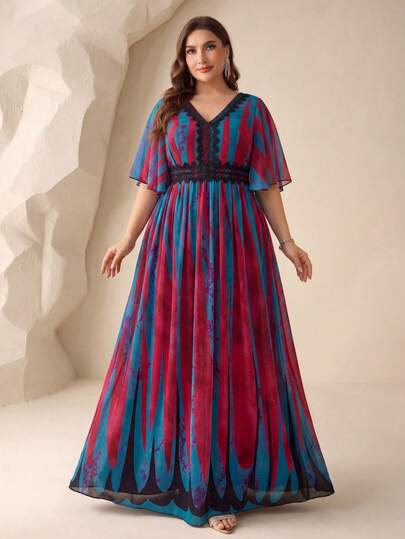SUPGIR [Random Cut] Plus Size V-Neck Tie-Dye Patchwork Lace Short Sleeve Flared Maxi Dress, Spring/Summer