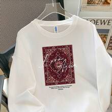 Camiseta de manga larga 100% algodón puro, estilo casual, versátil, estilo europeo y americano, moda de principios de otoño, top con estampado vintage único, a la moda. - Blanco - Ver 3