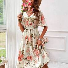 Boho Chic Blue Floral Print Shirred Waist A Line Midi Dress For Women With V Neck And Puff Sleeves - Rojo - Ver 5