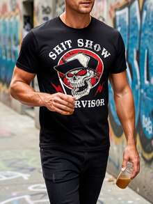 Camiseta de hombre con diseño de esqueleto para todas las estaciones corte holgado cuello redondo manga corta con un diseño vanguardista de calavera y rayo adecuada para uso casual diario playeras de hombre ropa de hombre - Negro - Ver 6