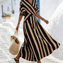 Holidaya Women's Yellow Striped Loose Vacation Spring/Summer V-Neck Fit-And-Flare Dress, Suitable For Vacation, Casual, Home And Daily Activities - Azul menta - Ver 4