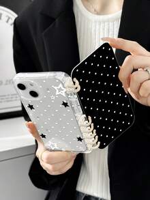 1pc Black & White Polka Dot + Star Print Flip Cover Phone Case, Notebook Style Protective Phone Case, Cute Phone Case With Lanyard Design, Compatible With IPhone & Galaxy, Daily Essential Phone Accessory, Suitable As Gift Or Daily Use, Cute Aesthetic For Daily/Party, Fast Shipping - Multicolor - View 1