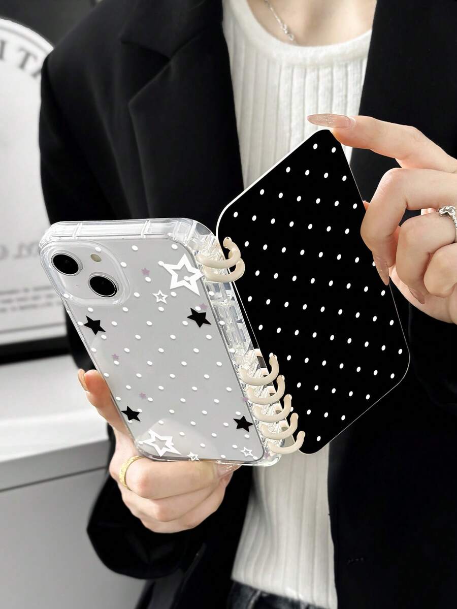1pc Black & White Polka Dot + Star Print Flip Cover Phone Case, Notebook Style Protective Phone Case, Cute Phone Case With Lanyard Design, Compatible With IPhone & Galaxy, Daily Essential Phone Accessory, Suitable As Gift Or Daily Use, Cute Aesthetic For Daily/Party, Fast Shipping - Multicolor - View 1