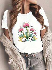 Camiseta de Mujer Pura con Estampado de Venus Atrapamoscas y Calaveras Adorables - Camiseta Gótica Botánica, Top Casual de Manga Corta, Blusa Lavable a Máquinara Todas las Estaciones 100% - Blanco - Ver 2