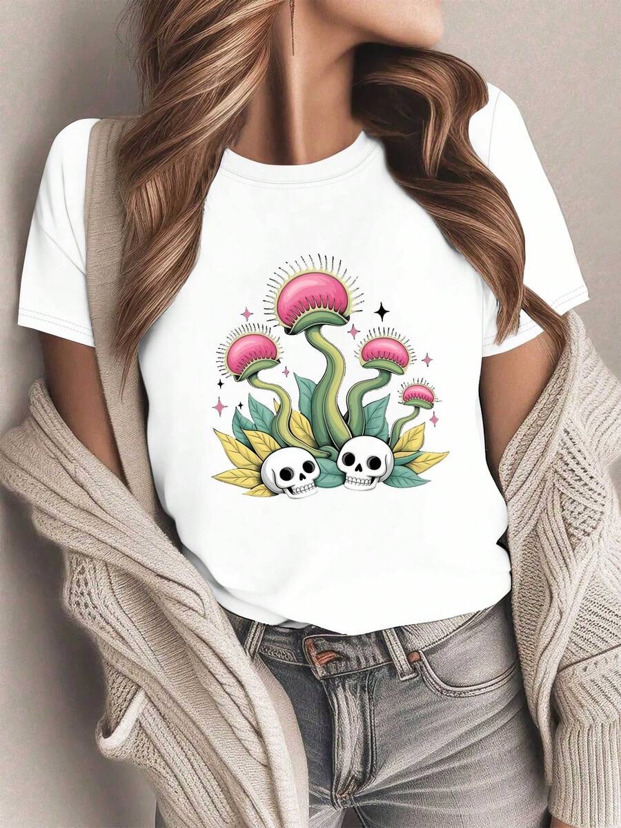 Camiseta de Mujer Pura con Estampado de Venus Atrapamoscas y Calaveras Adorables - Camiseta Gótica Botánica, Top Casual de Manga Corta, Blusa Lavable a Máquinara Todas las Estaciones 100%