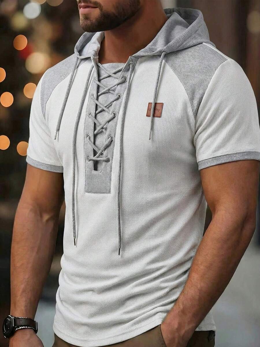 [ROYALBOY] Spring New Arrival, Personalized Patchwork Waffle Texture, Drawstring Hooded Short Sleeve, Versatile Casual, Suitable For Gatherings, Parties, Machine Washable But Not Dry Cleanable - White - View 1