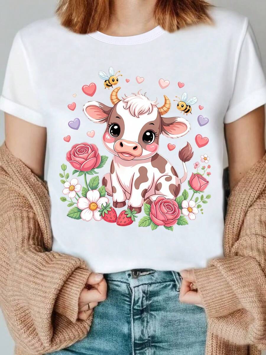 Camisetas de Estampado de Vaca y Animales de Granjastoral - Diseños Adorables de Fresa y Abeja, Camisetara Amantes de la Leche, Cuello Redondo Suave y Cómodo para Granjeros Lecheros, Ropa Casual para Todas las Estaciones, Lavable a Máquina