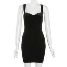 YeonC Spaghetti Strap Off-Shoulder Bodycon Solid Color Sexy Versatile Dress - Black - View 9