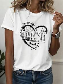 Camiseta deportiva casual para mujer | Cuello redondo, tejido de alta elasticidad, comodidad para todas las estaciones, tema de vida de camping con forma de corazón, i para entusiastas del e - Blanco - Ver 2
